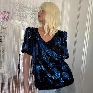 80s Cobalt Blue Black Sequins Glam Beaded Top, Disco Party Top, Oleg Cassini